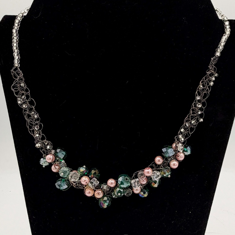Handmade Wire Crochet Beaded Necklace Green Facet Crystal Pink Pearl Fringe 18" - Picture 10 of 15
